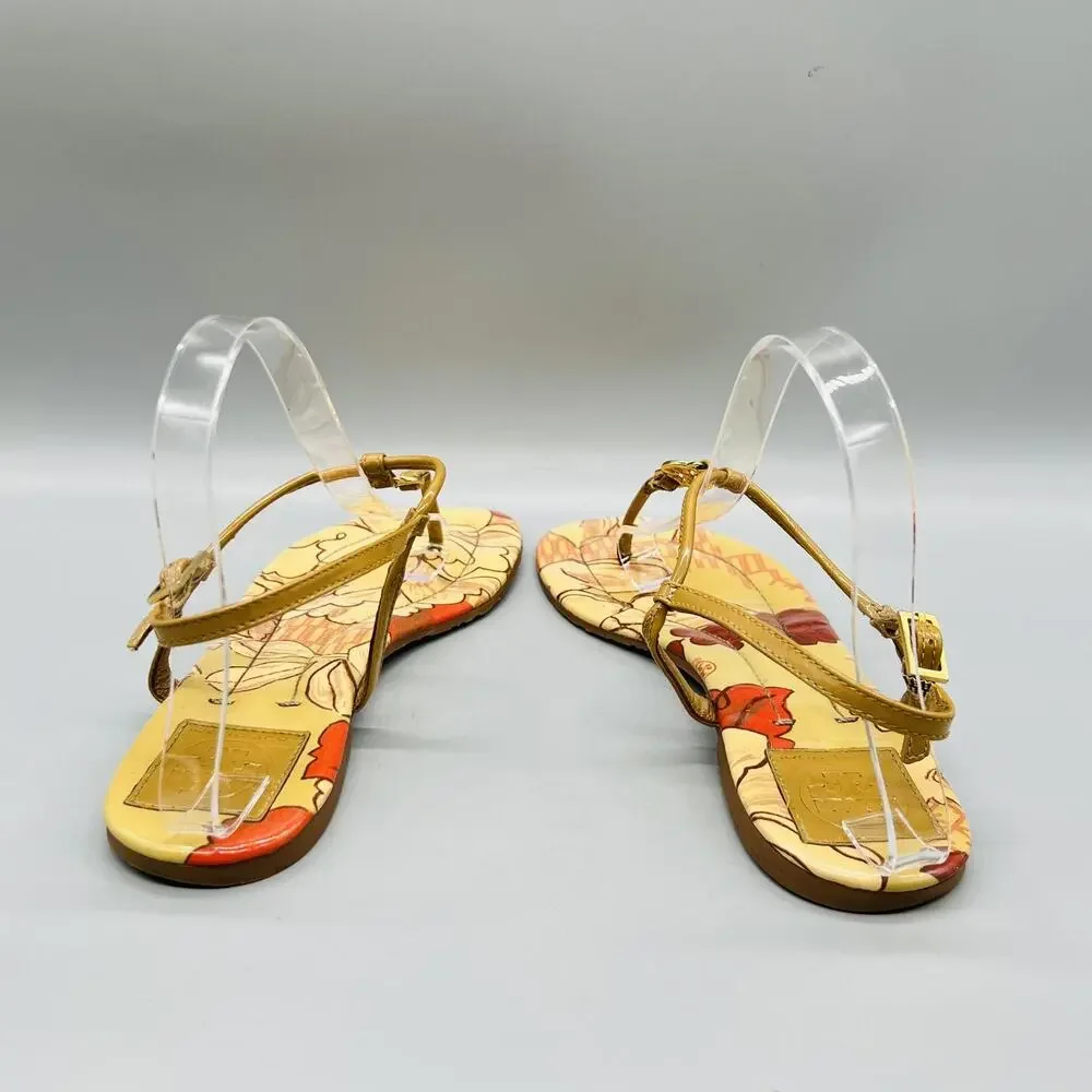 Tory Burch Sandals Womens 7.5 Tan Patent Leather Floral Thong Logo Flats